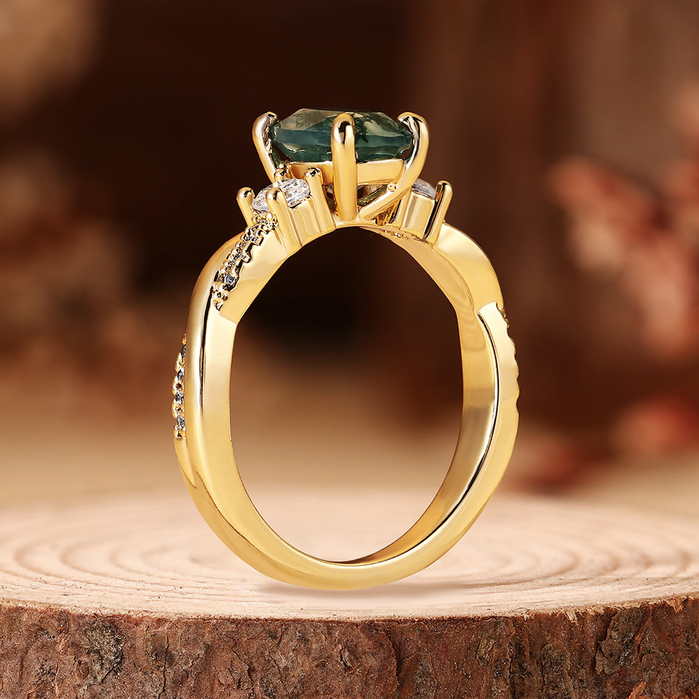 Nature Inspired Oval Cut Moss Agate Three Stone Vintage Twist Engagement Ring