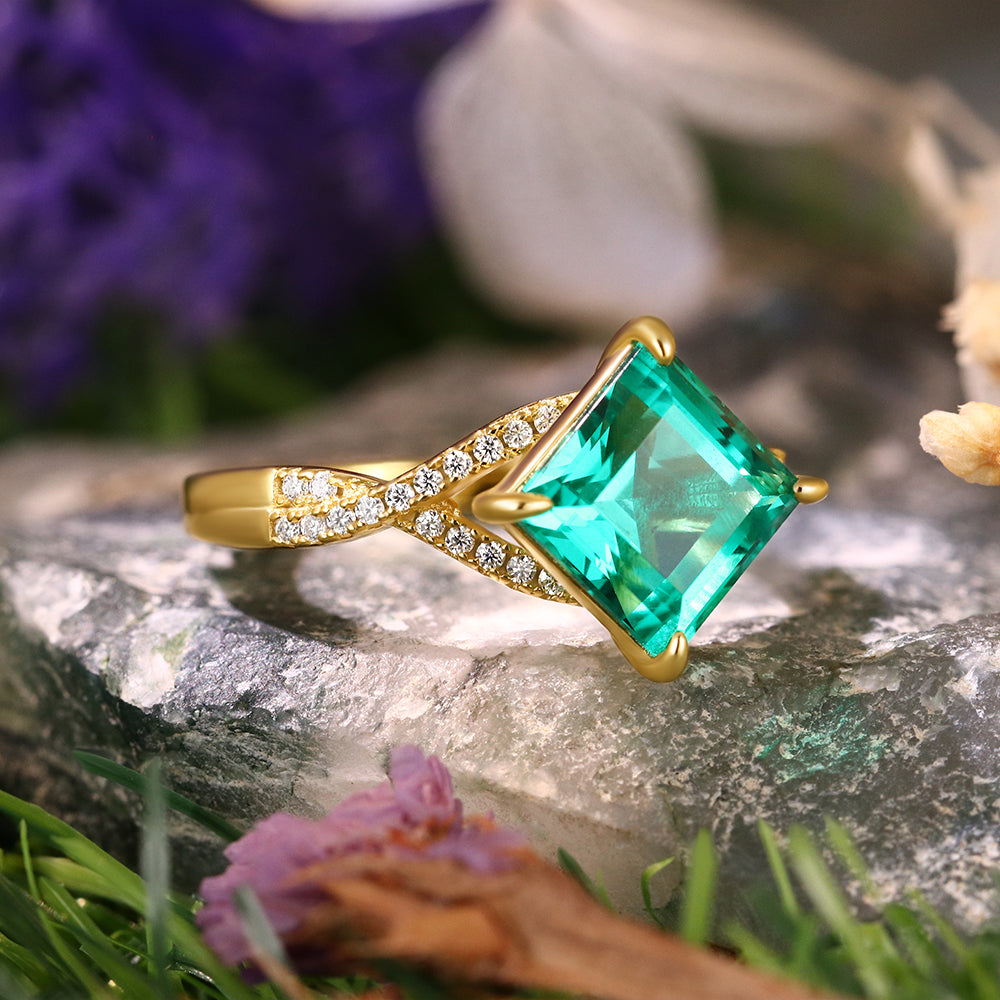2.16 ct Square Cut Lab Emerald Vintage Twsited Engagement Ring