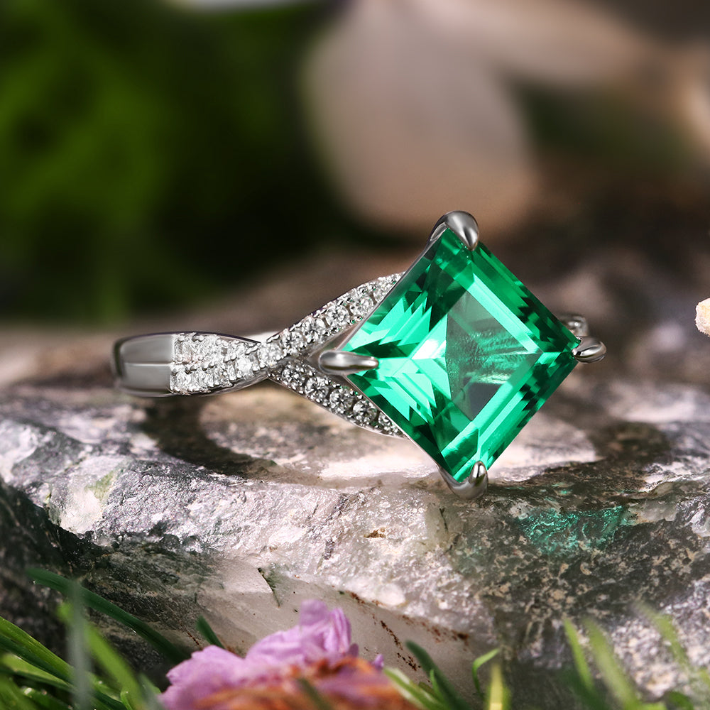 2.16 ct Square Cut Lab Emerald Vintage Twsited Engagement Ring