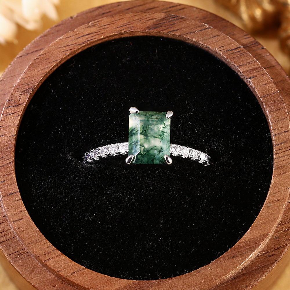 Nature Inspired Emerald Cut Moss Agate Vintage Pave Engagement Ring