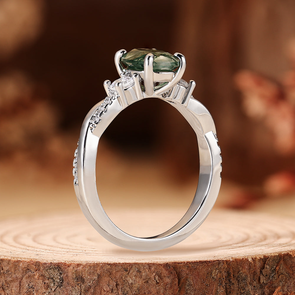 Nature Inspired Oval Cut Moss Agate Three Stone Vintage Twist Engagement Ring