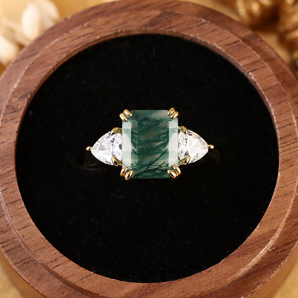 Emerald Cut Moss Agate Three Stone Engagement Ring with Trillion Side Stones