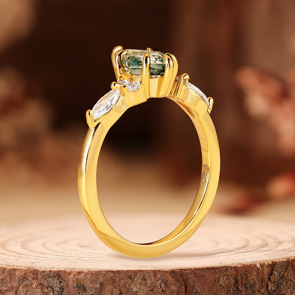 Nature Inspired Kite Cut Moss Agate Boho Engagement Ring