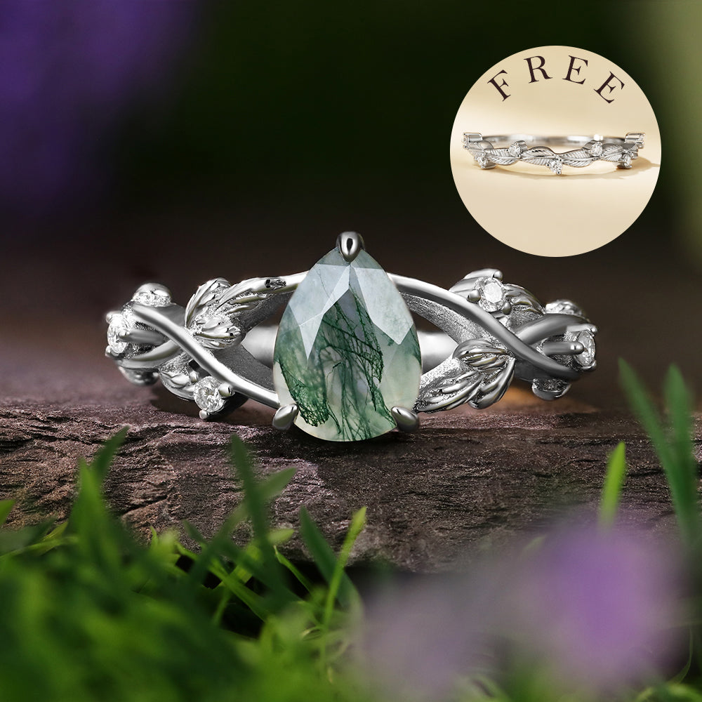 [Buy 1 Get 1 Free]6*8mm Unique Twig Pear Moss Agate Engagement Ring  Leaf Nature Inspired Wedding Ring  Bridal Set