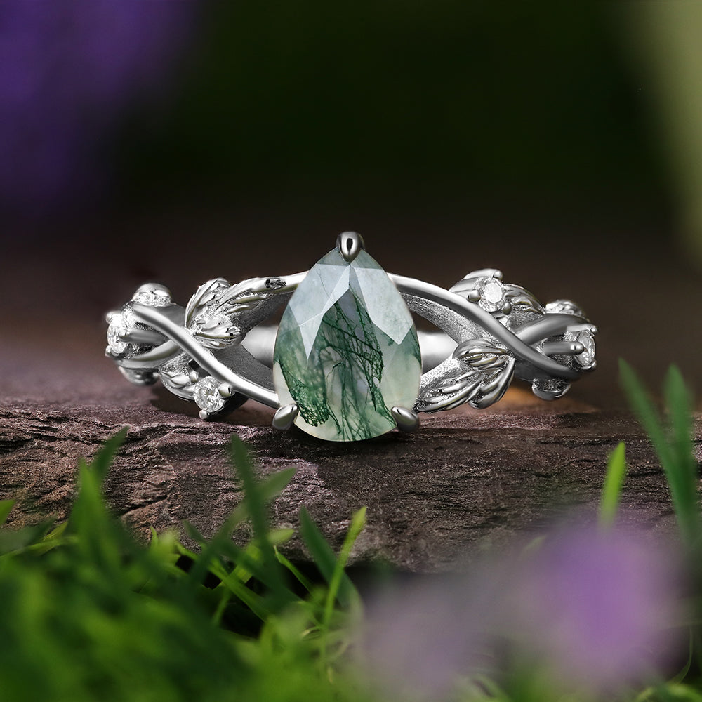 [Buy 1 Get 1 Free]6*8mm Unique Twig Pear Moss Agate Engagement Ring  Leaf Nature Inspired Wedding Ring  Bridal Set