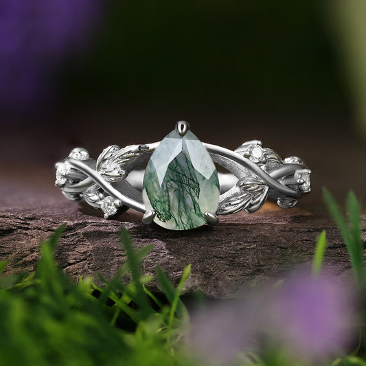 6*8mm Pear Moss Agate Leaf Nature Inspired  Engagement Ring