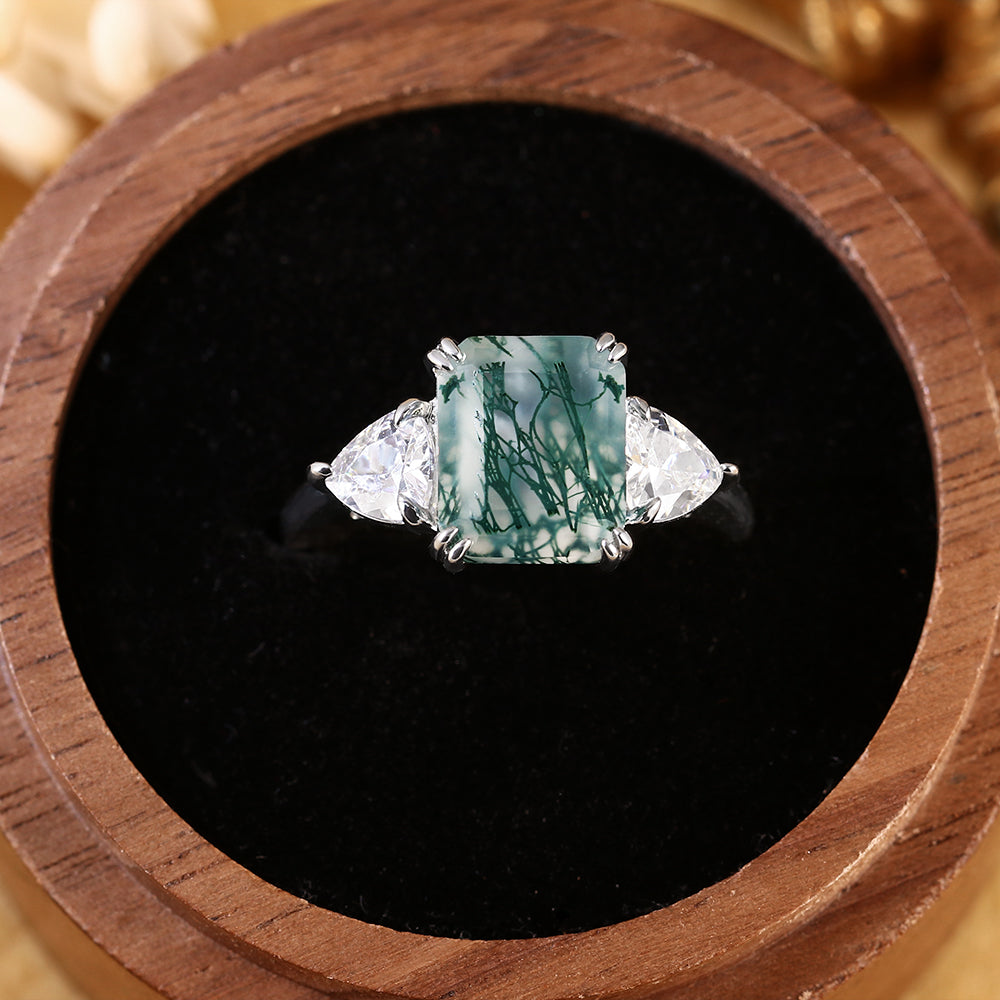 Emerald Cut Moss Agate Three Stone Engagement Ring with Trillion Side Stones
