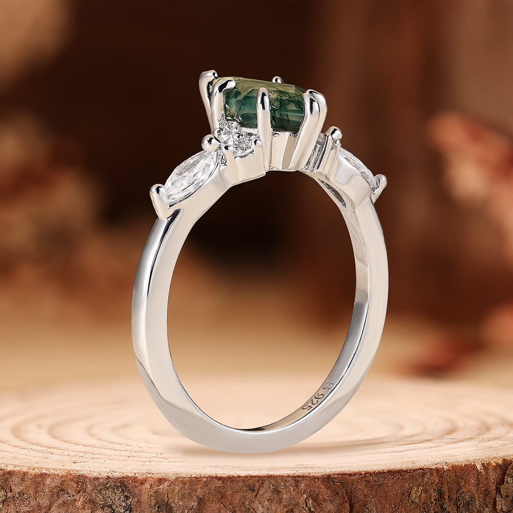 Nature Inspired Kite Cut Moss Agate Boho Engagement Ring