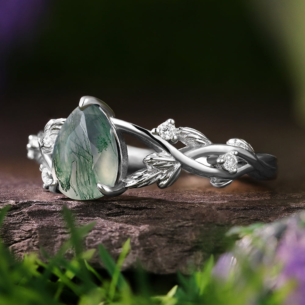 6*8mm Pear Moss Agate Leaf Nature Inspired  Engagement Ring