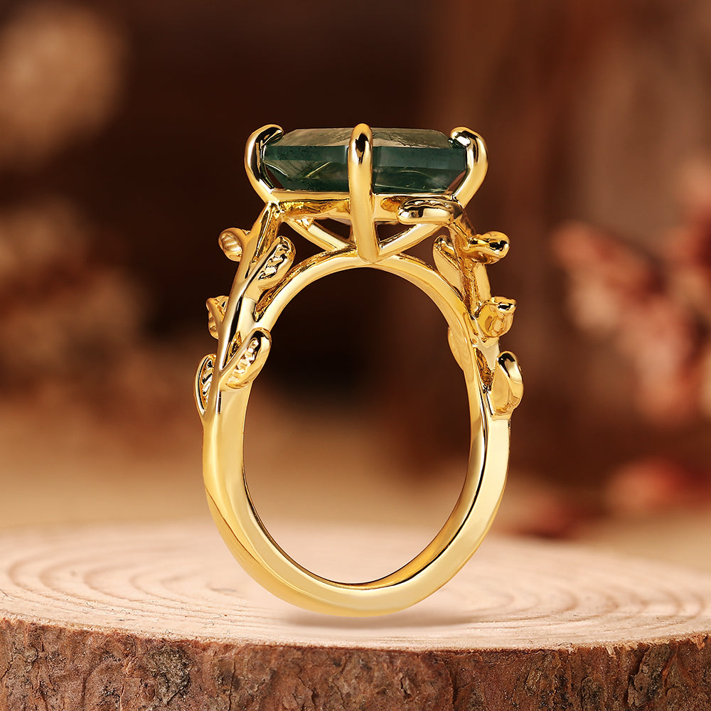 Vintage Emerald Cut Moss Agate Nature Inspired Leaf Branch Engagement Ring