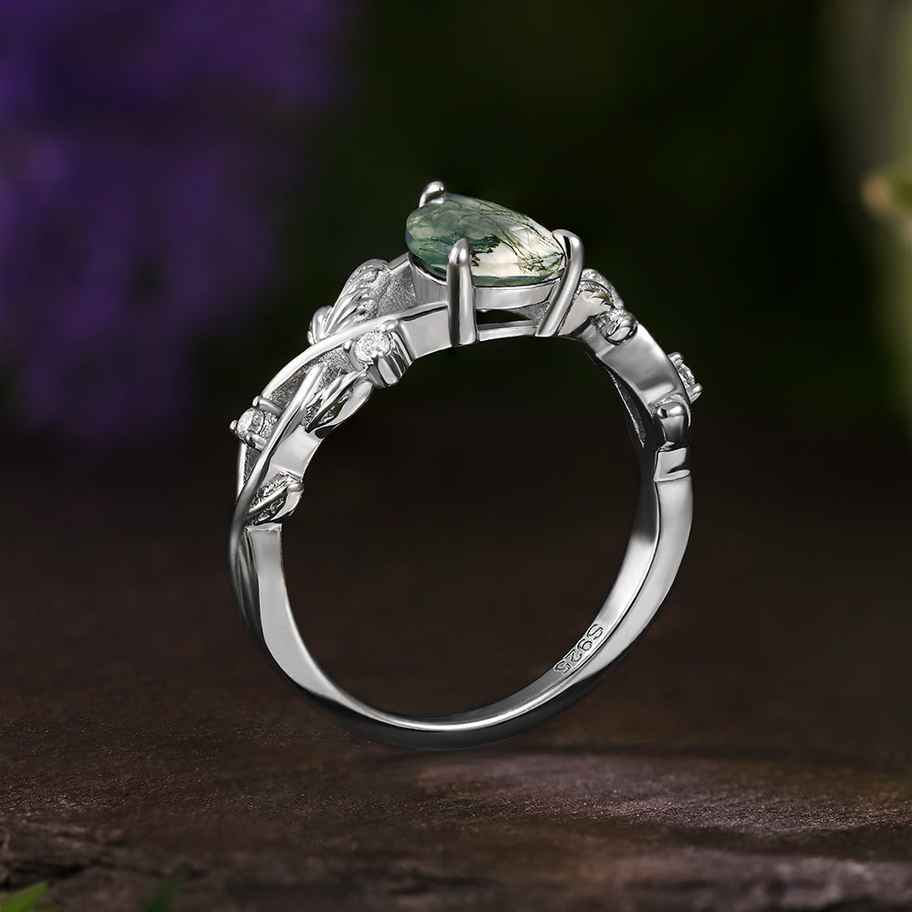 6*8mm Pear Moss Agate Leaf Nature Inspired  Engagement Ring