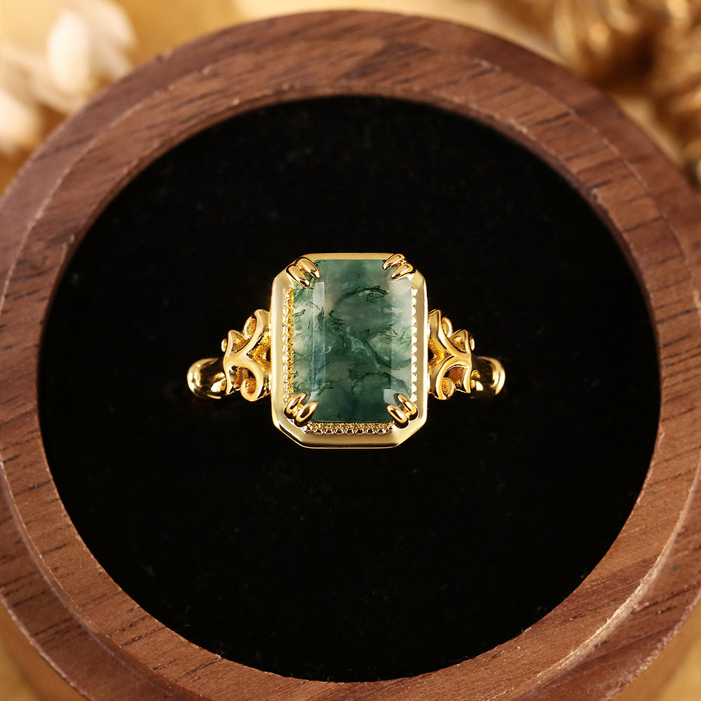 Emerald Cut Moss Agate Art Deco Natural Engagement Ring