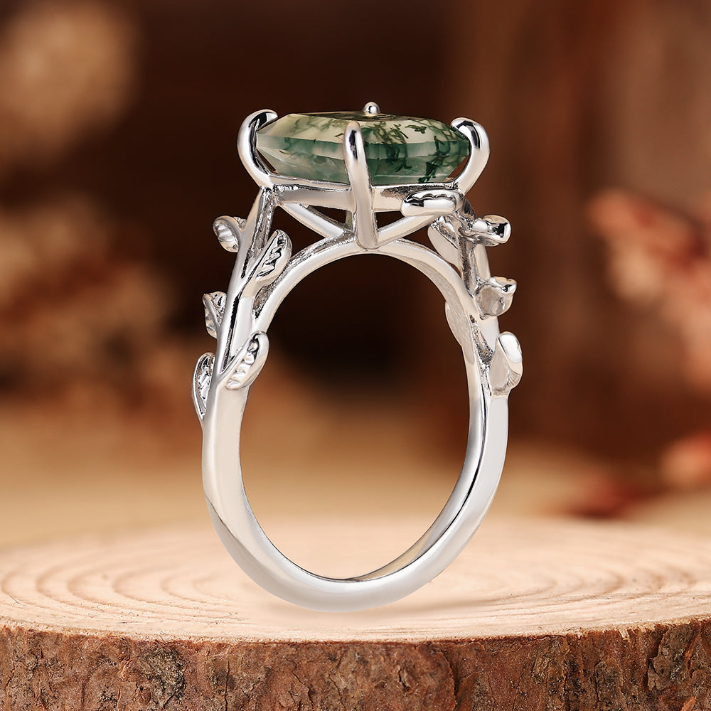 Vintage Emerald Cut Moss Agate Nature Inspired Leaf Branch Engagement Ring