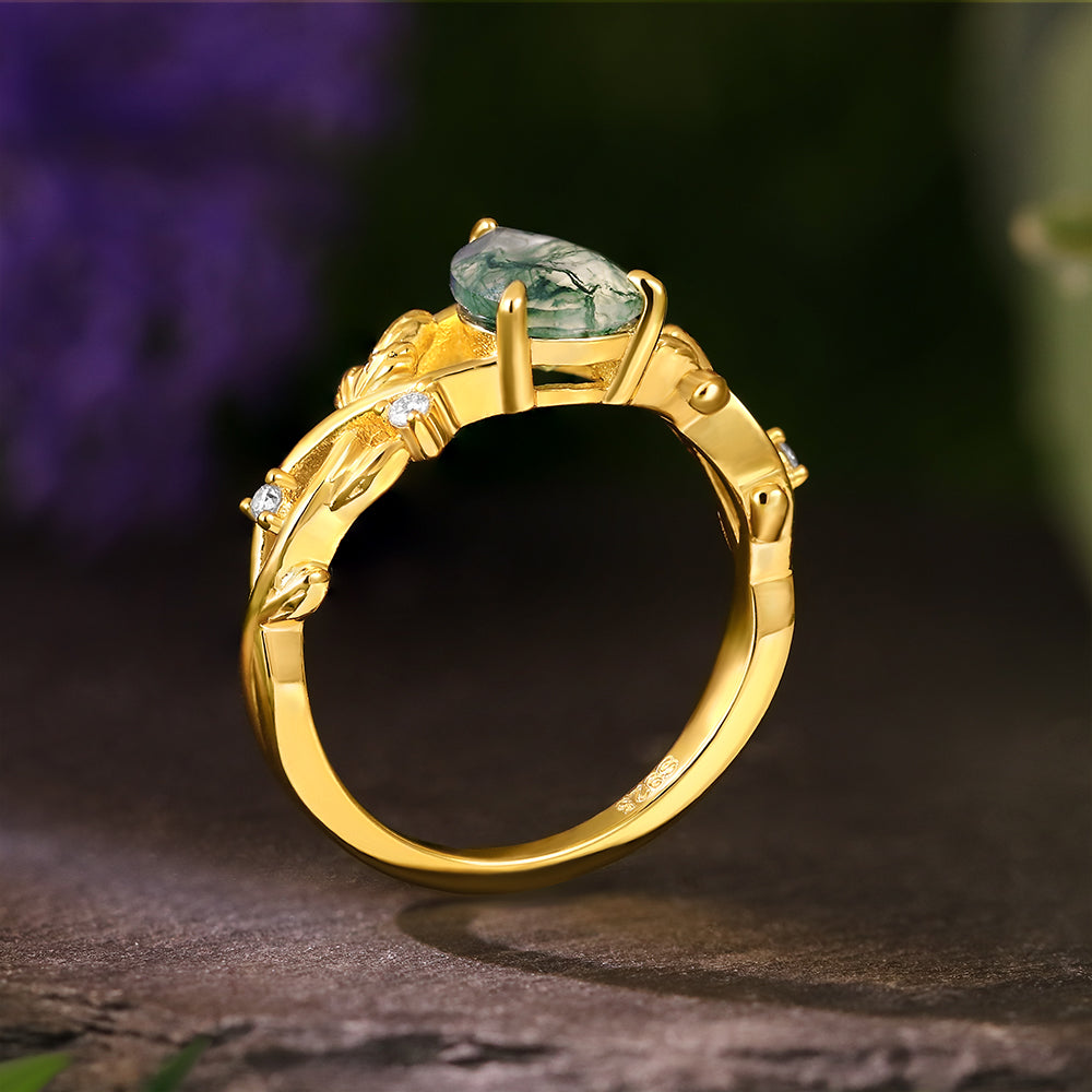 6*8mm Pear Moss Agate Leaf Nature Inspired  Engagement Ring