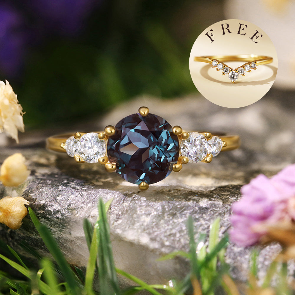 [Buy 1 Get 1 Free]3.02ct Round Cut Lab Alexandrite Vintage Engagement Bridal Ring Set
