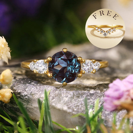 [Buy 1 Get 1 Free]3.02ct Round Cut Lab Alexandrite Vintage Engagement Bridal Ring Set