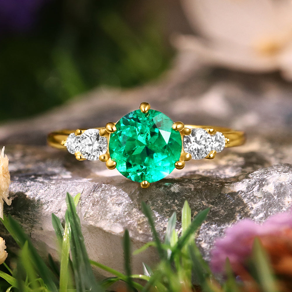 [Buy 1 Get 1 Free]1.87 ct Round Cut Lab Emerald Vintage Five Stone Ring Curved Stacking Ring Bridal Ring Set