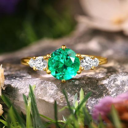 1.70 ct Round Cut Lab Emerald Vintage Five Stone Engagement Ring