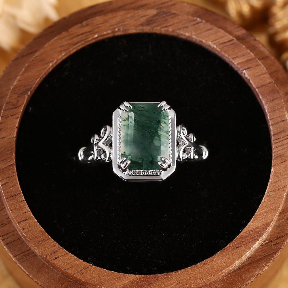 Emerald Cut Moss Agate Art Deco Natural Engagement Ring