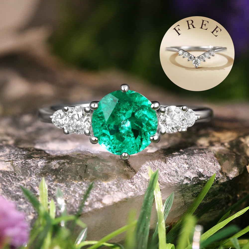[Buy 1 Get 1 Free]1.70 ct Round Cut Lab Emerald Vintage Five Stone Ring Curved Stacking Ring Bridal Ring Set