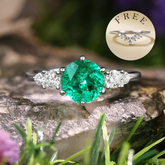 [Buy 1 Get 1 Free]1.70 ct Round Cut Lab Emerald Vintage Five Stone Ring Curved Stacking Ring Bridal Ring Set