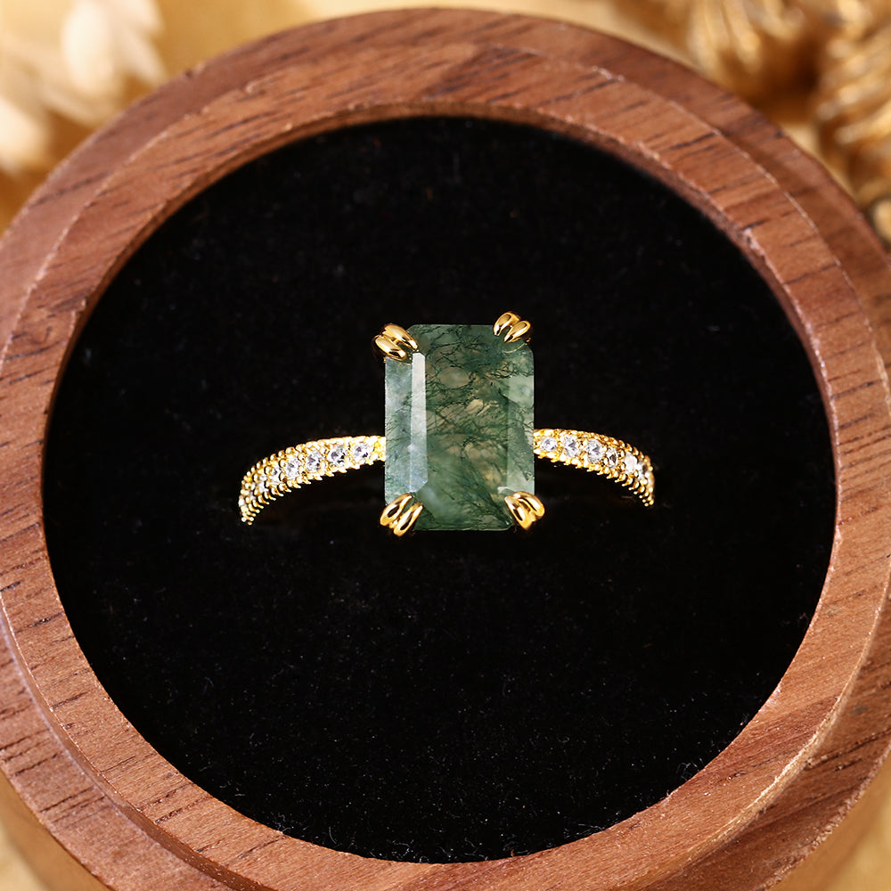 Vintage Inspired Natural Emerald Cut Moss Agate Accent Engagement Ring