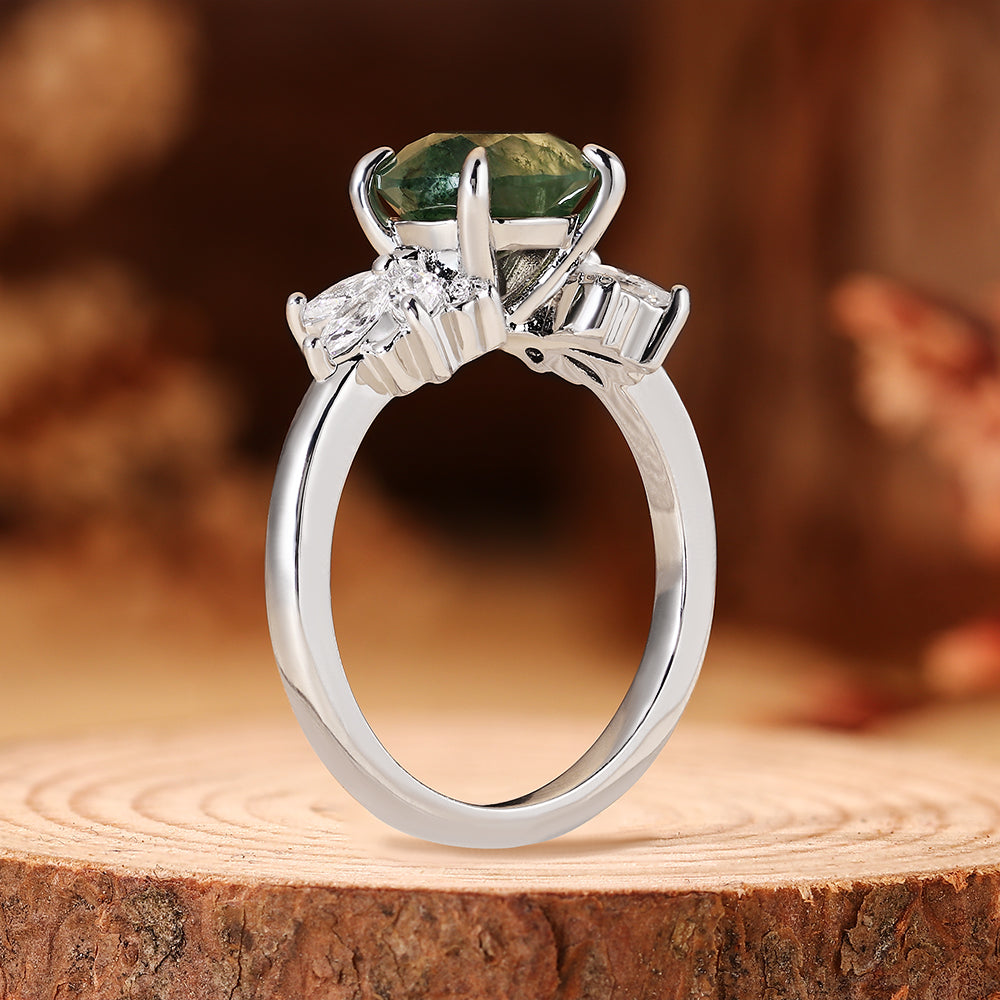 Unique Round Moss Agate Vintage Art Deco Flower Cluster Engagement Ring