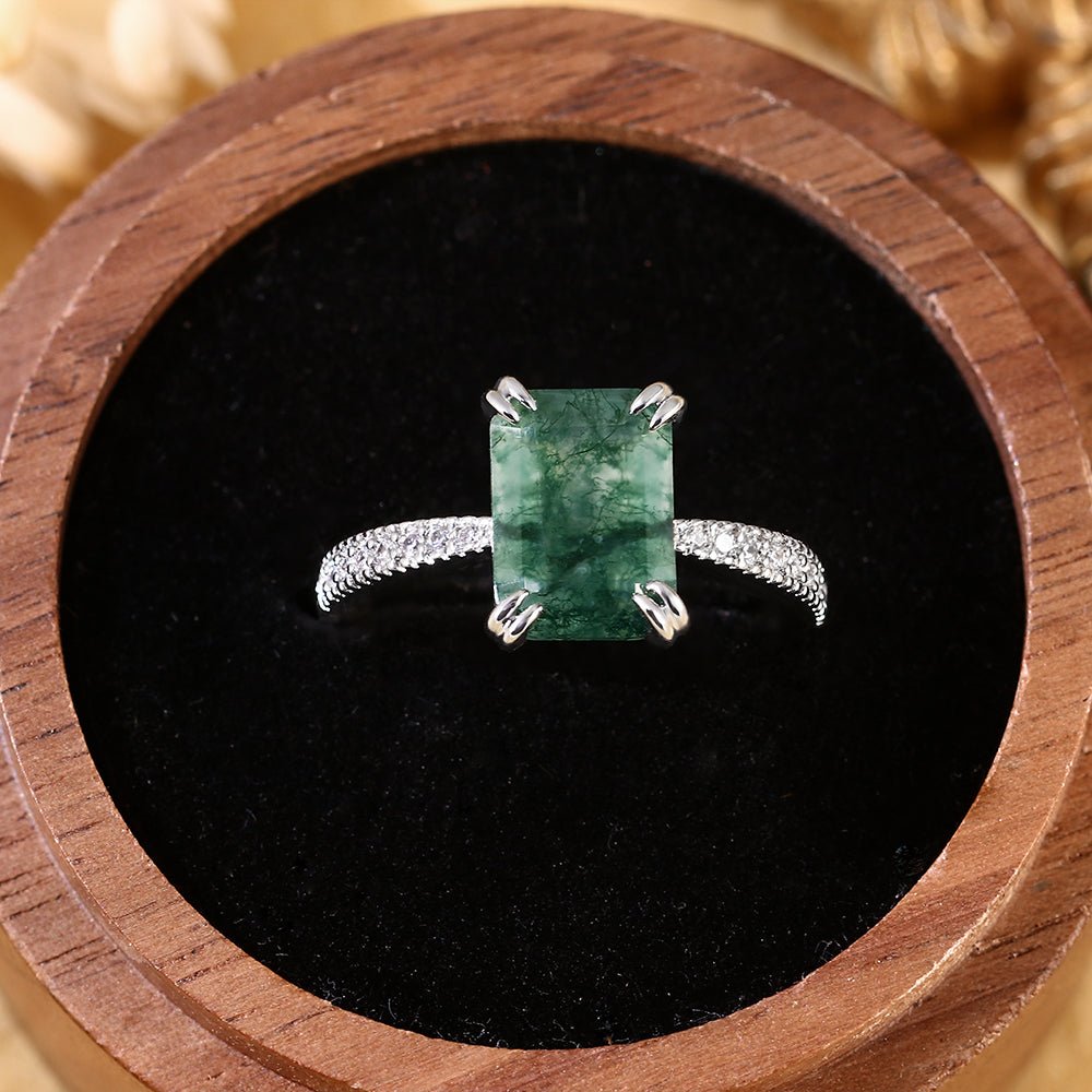 Vintage Inspired Natural Emerald Cut Moss Agate Accent Engagement Ring