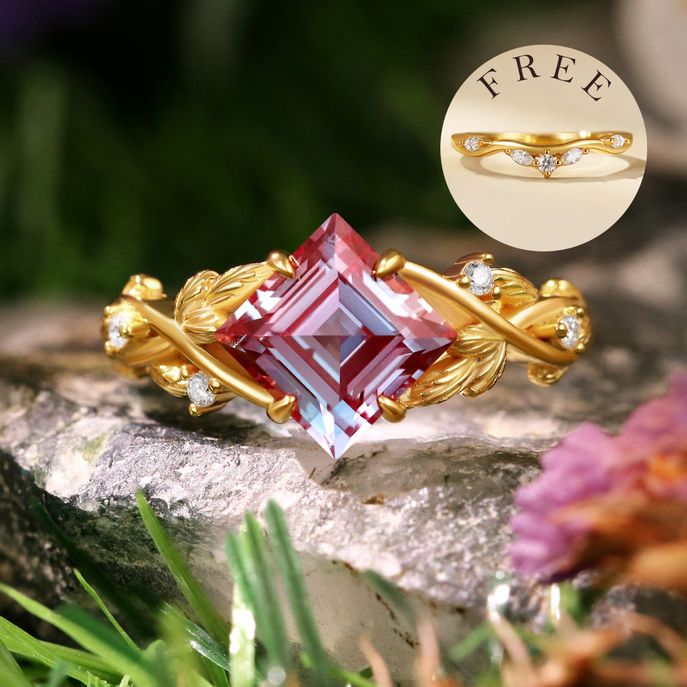[Buy 1 Get 1 Free]2.42 ct Princess Cut Lab Alexandrite Engagement Ring Leaf Branch Nature Inspired Bridal Ring Set