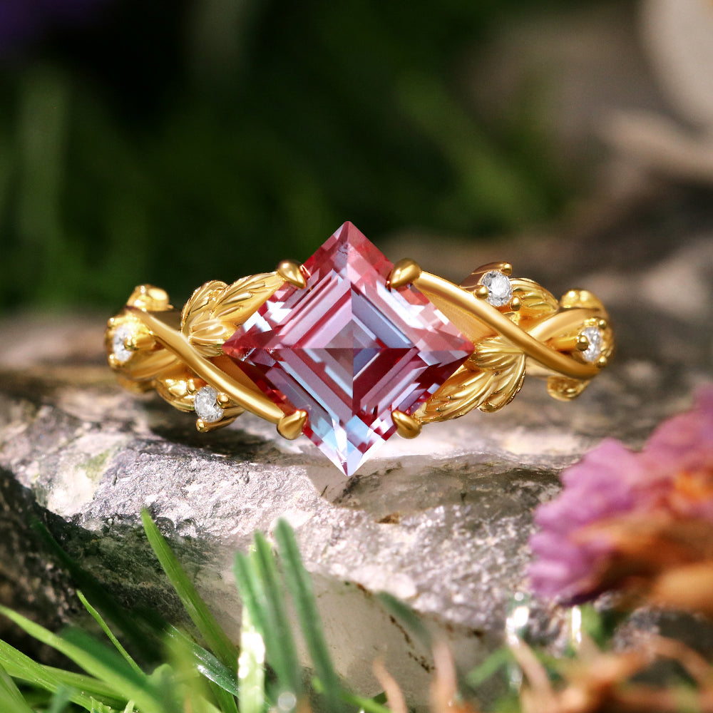 2.27ct Princess Cut Lab Alexandrite Leaf Branch Nature Inspired Engagement Ring