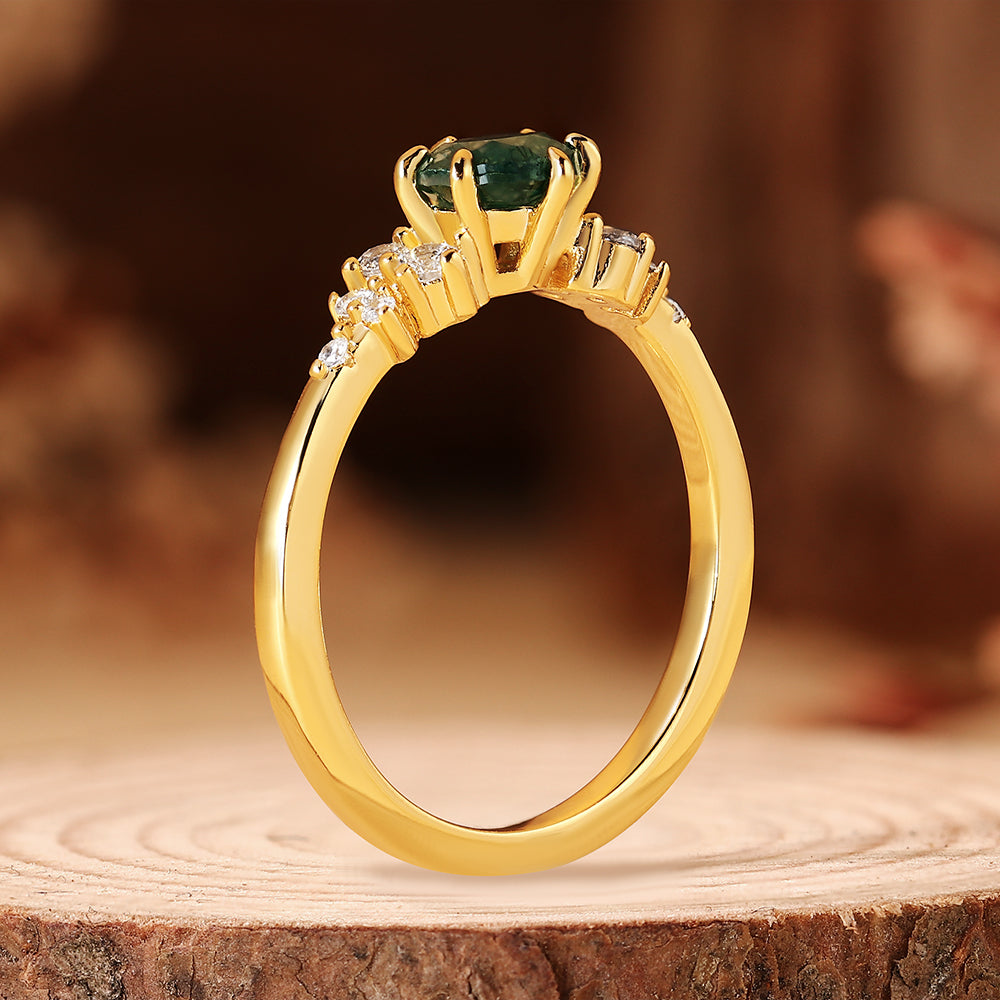 Unique Vintage Inspired Round Cut Moss Agate Cluster Engagement Ring