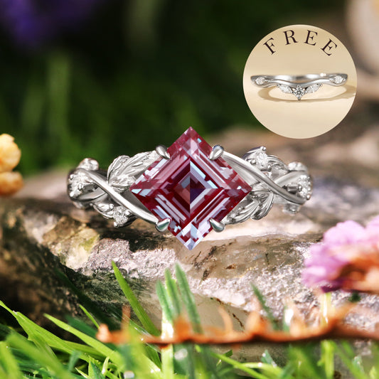 [Buy 1 Get 1 Free]2.42 ct Princess Cut Lab Alexandrite Engagement Ring Leaf Branch Nature Inspired Bridal Ring Set