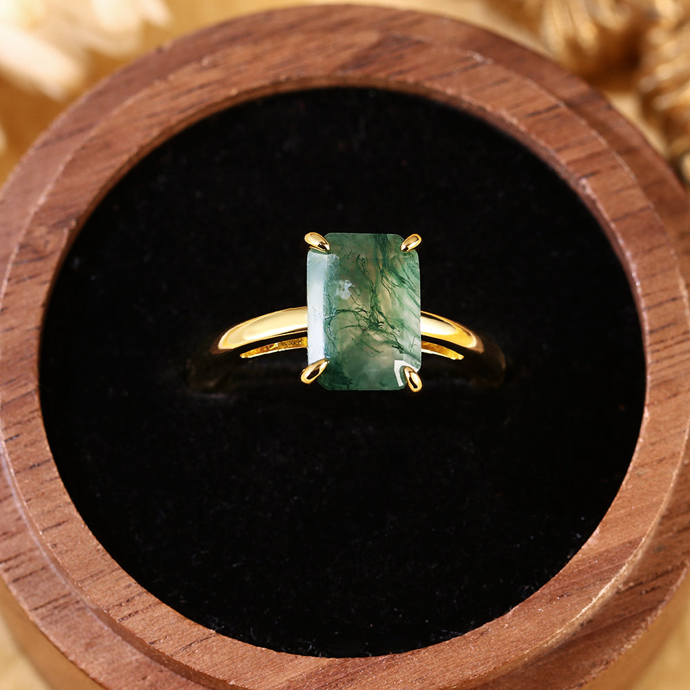 Natural Emerald Cut Moss Agate Solitaire Engagement Ring