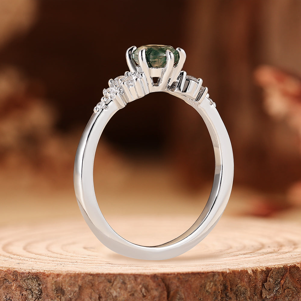 Unique Vintage Inspired Round Cut Moss Agate Cluster Engagement Ring