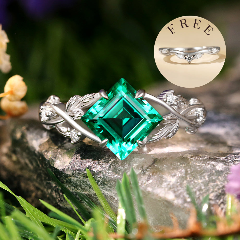 [Buy 1 Get 1 Free]1.81 ct Princess Cut Lab Emerald Engagement Ring Leaf Branch Nature Inspired Bridal Ring Set