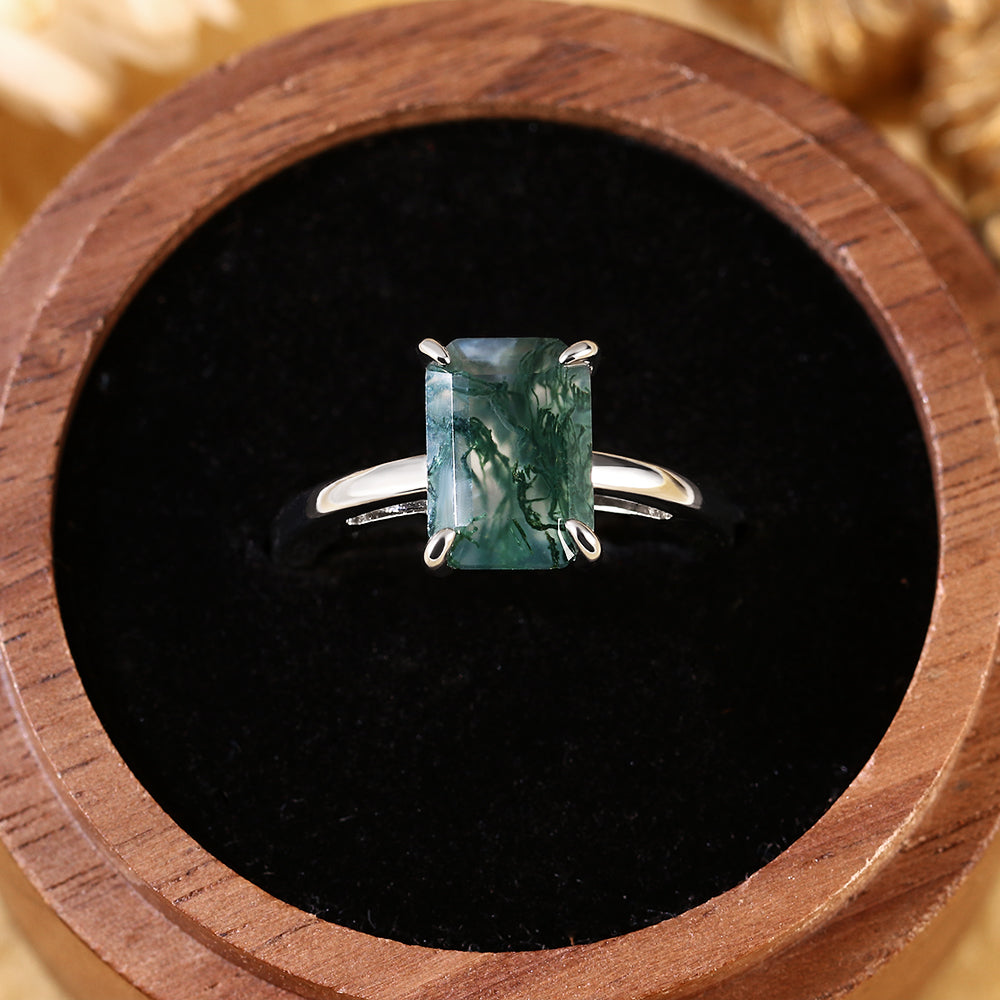 Natural Emerald Cut Moss Agate Solitaire Engagement Ring