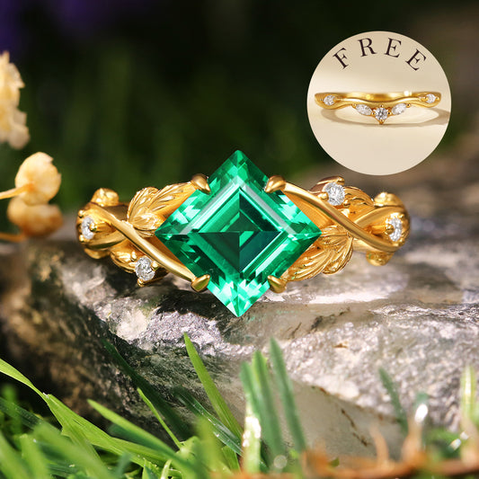 1.81 ct Princess Cut Lab Emerald Engagement Ring Leaf Branch Nature Inspired Bridal Ring Set