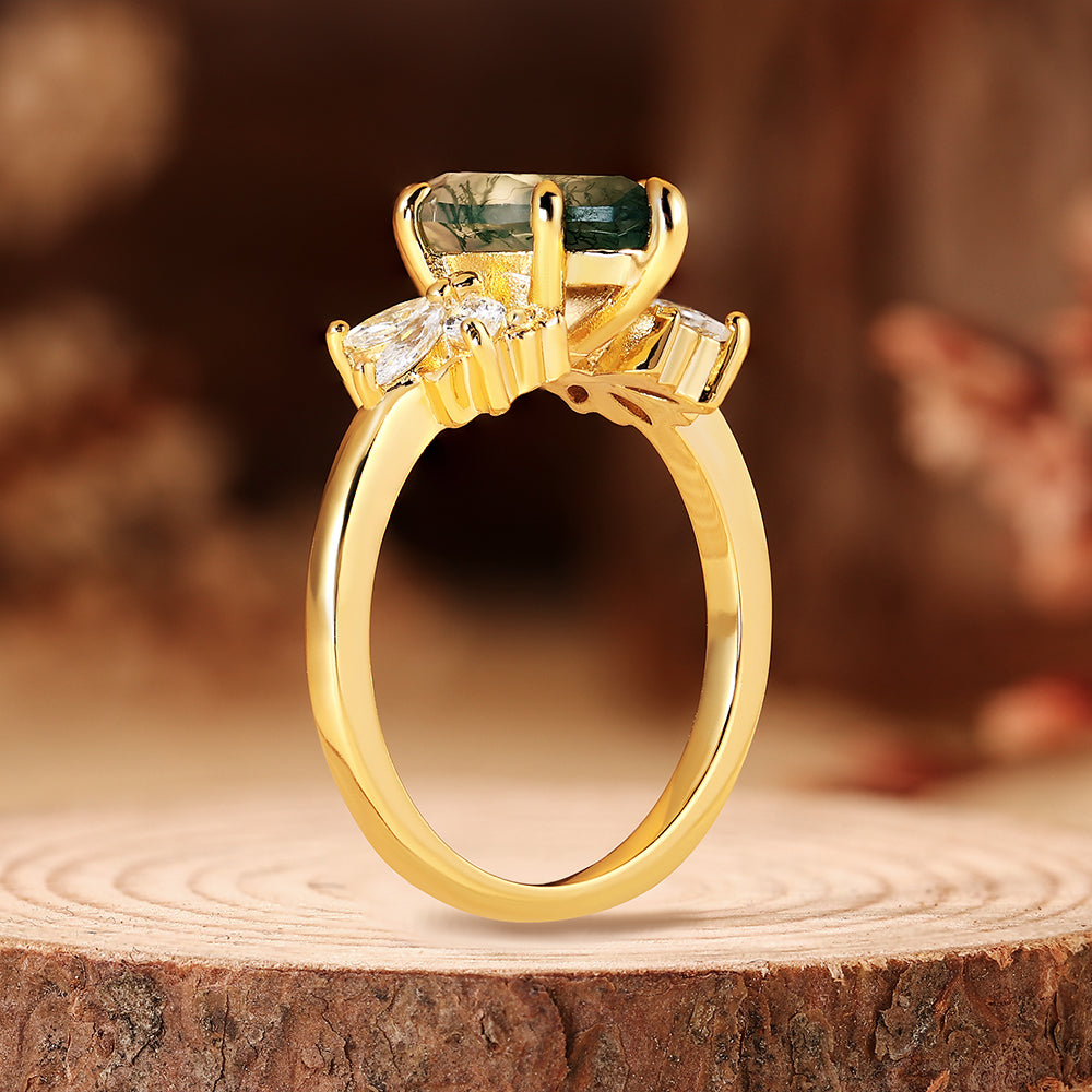 Vintage Nature Inspired Cluster Marquise Cut Moss Agate Engagement Ring