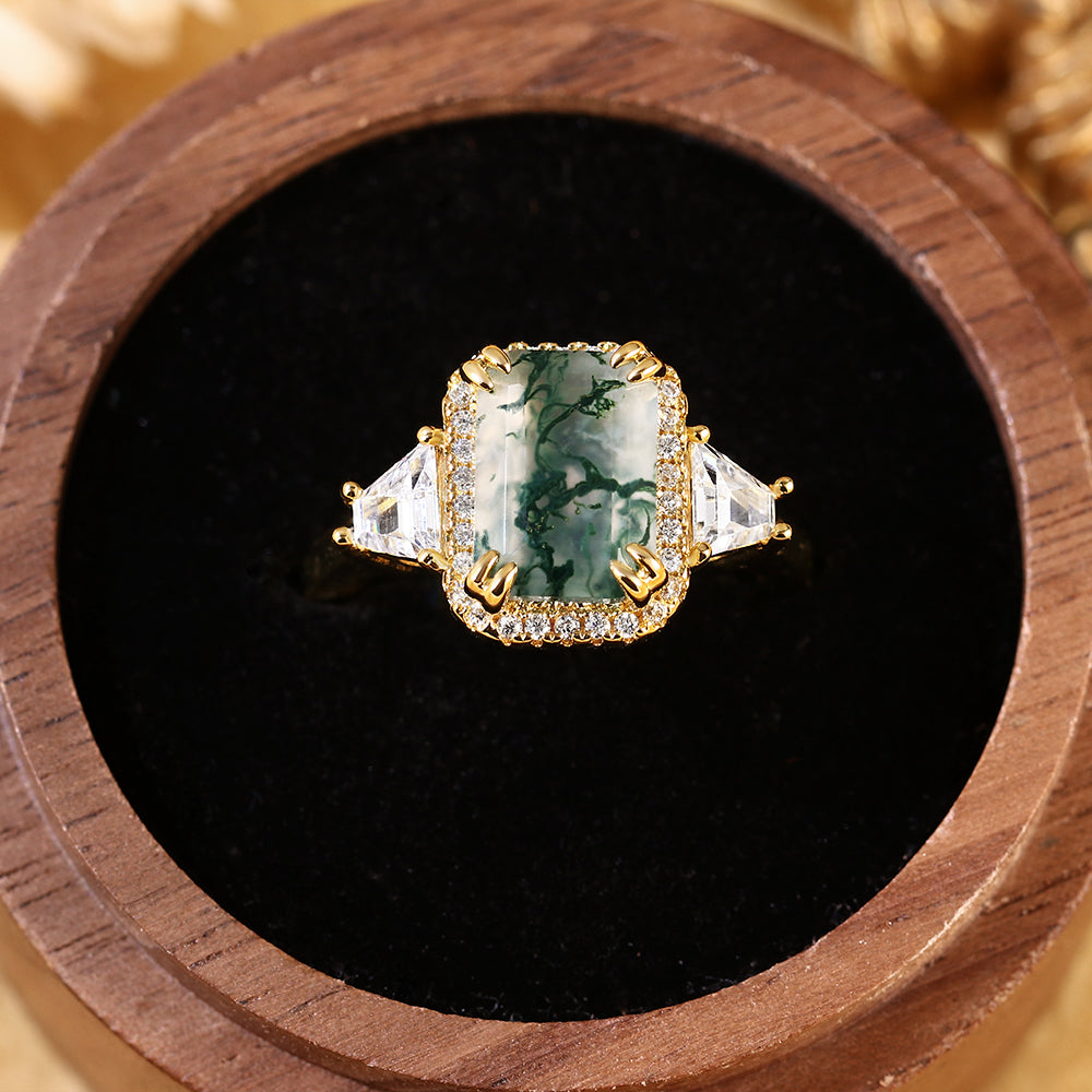 Emerald Cut Moss Agate Engagement Ring with Trillion Side Stones and Pave Halo