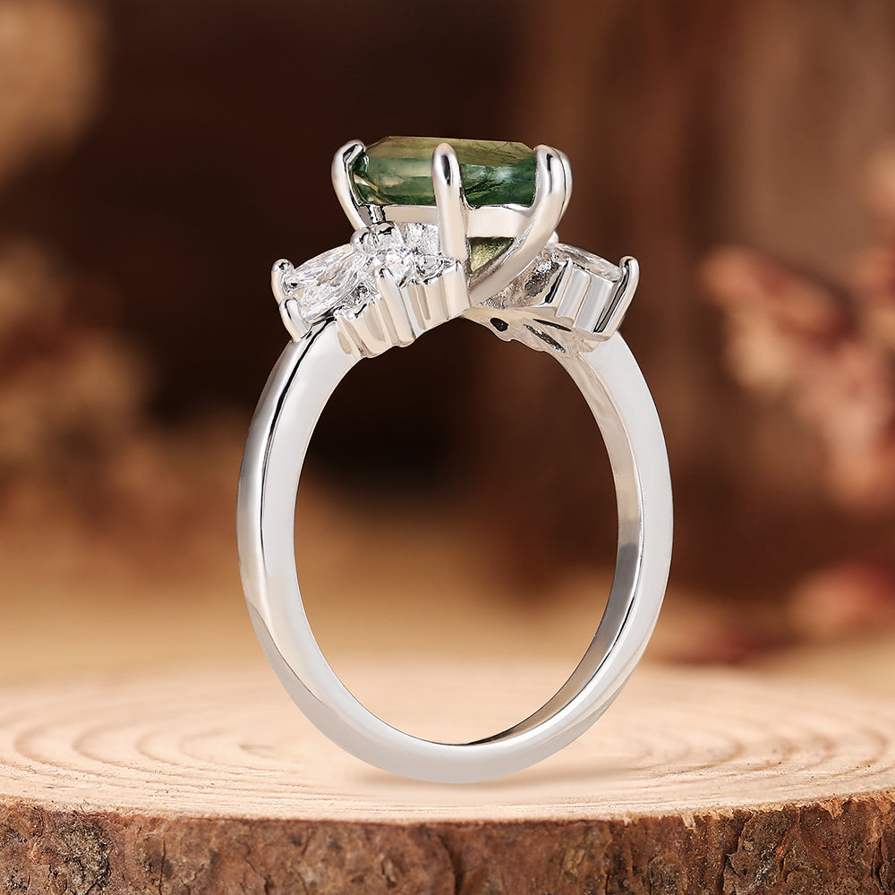Vintage Nature Inspired Cluster Marquise Cut Moss Agate Engagement Ring