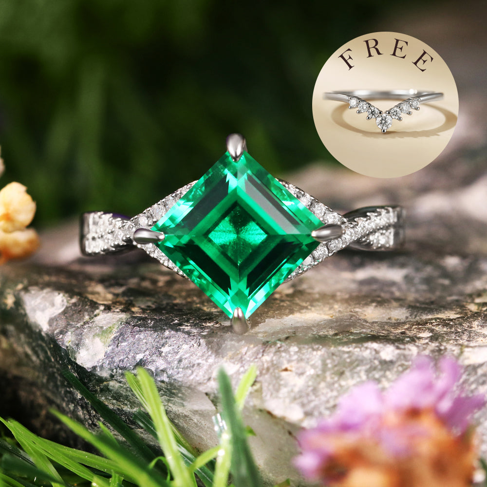 [Buy 1 Get 1 Free]2.48 ct Square Cut Lab Emerald Vintage Twsited Ring Curved Stacking Ring Bridal Ring Set