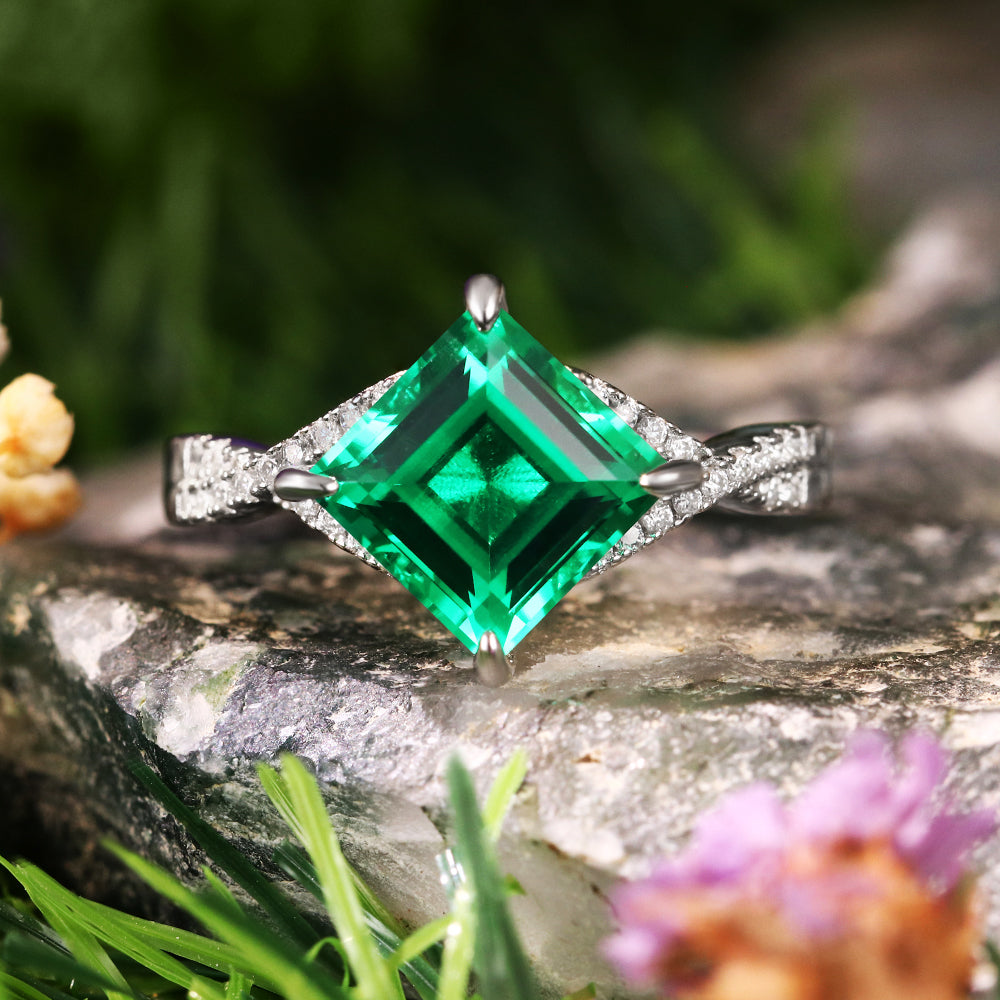 [Buy 1 Get 1 Free]2.48 ct Square Cut Lab Emerald Vintage Twsited Ring Curved Stacking Ring Bridal Ring Set