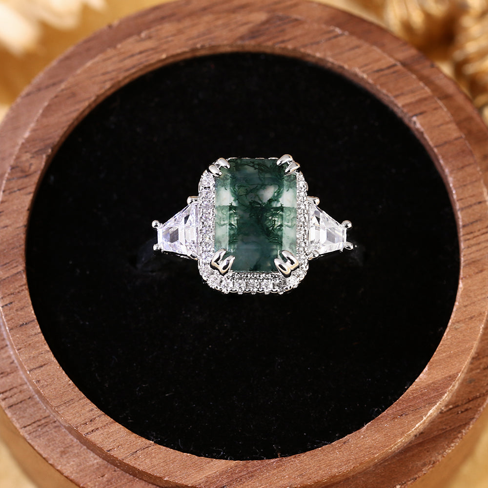 Emerald Cut Moss Agate Engagement Ring with Trillion Side Stones and Pave Halo