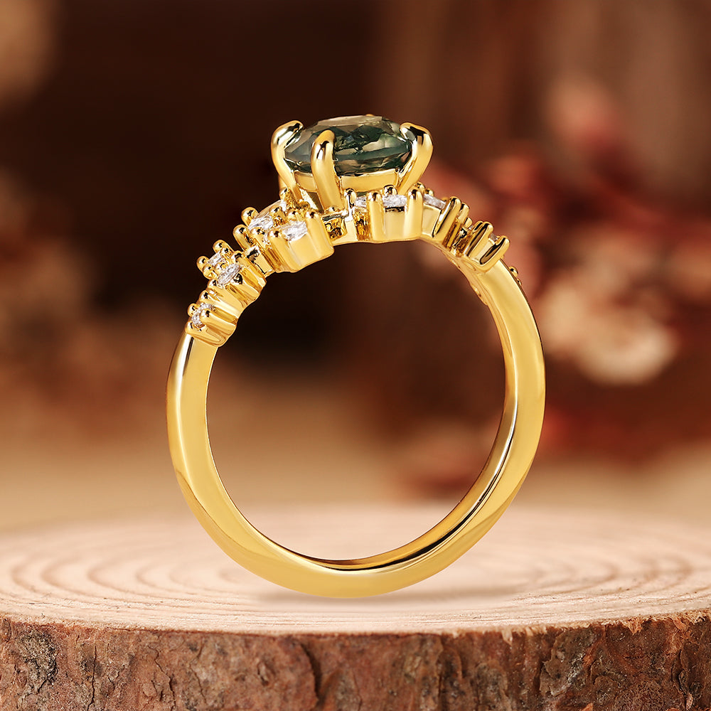 Nature Inspired Round Cut Moss Agate Leaf & Vine Engagement Ring