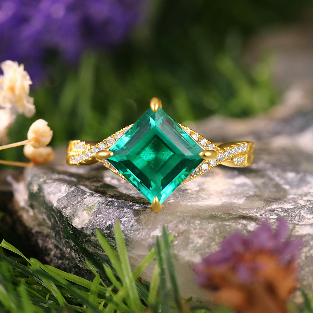 2.16 ct Square Cut Lab Emerald Vintage Twsited Engagement Ring