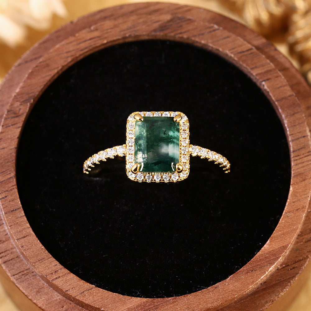 Nature Inspired Emerald Cut Moss Agate Halo Engagement Ring