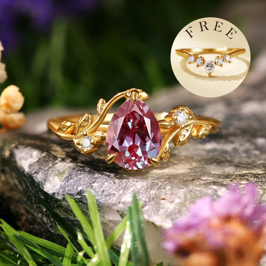 [Buy 1 Get 1 Free]1.85ct Pear Cut Lab Alexandrite Twig Leaf  Engagement Bridal Ring Set