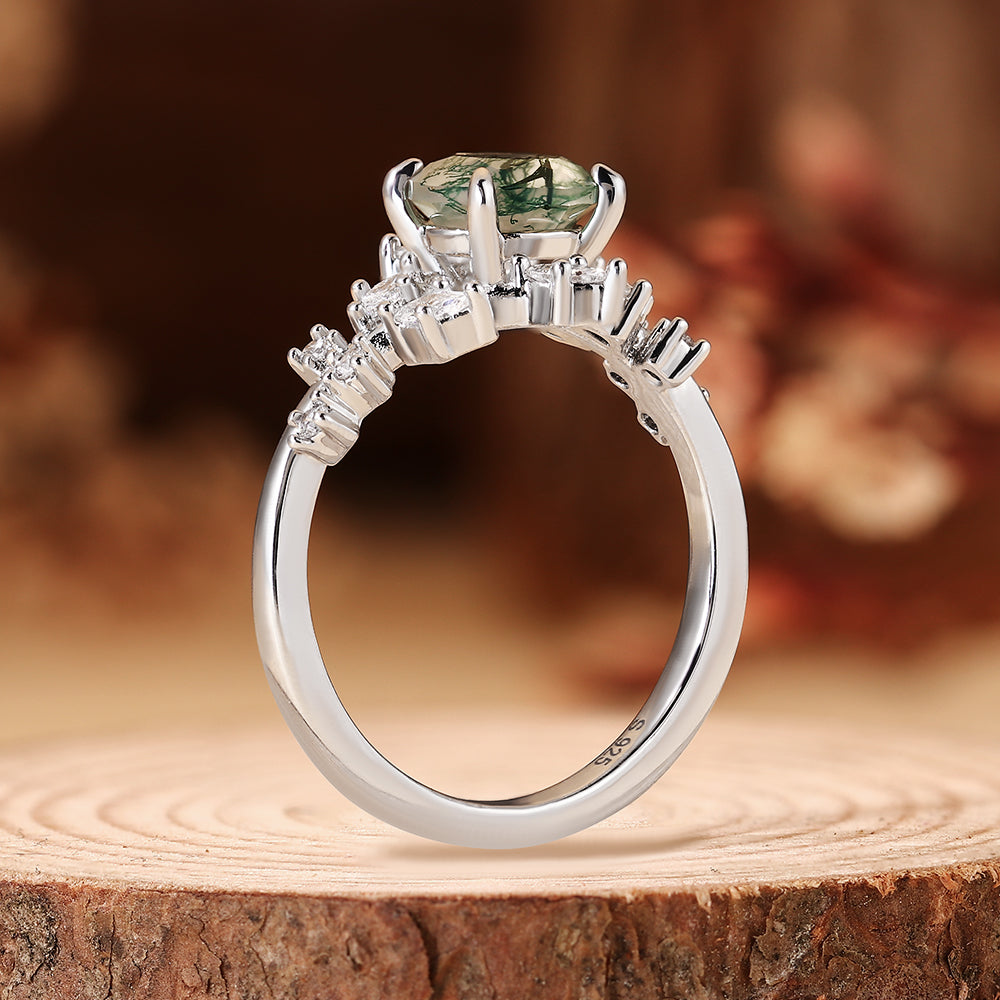 Nature Inspired Round Cut Moss Agate Leaf & Vine Engagement Ring