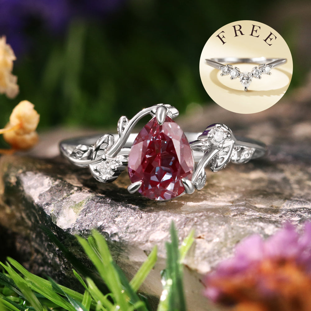 [Buy 1 Get 1 Free]1.85ct Pear Cut Lab Alexandrite Twig Leaf  Engagement Bridal Ring Set