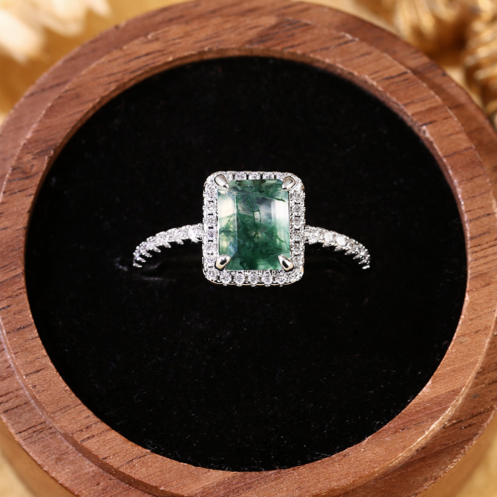 Nature Inspired Emerald Cut Moss Agate Halo Engagement Ring